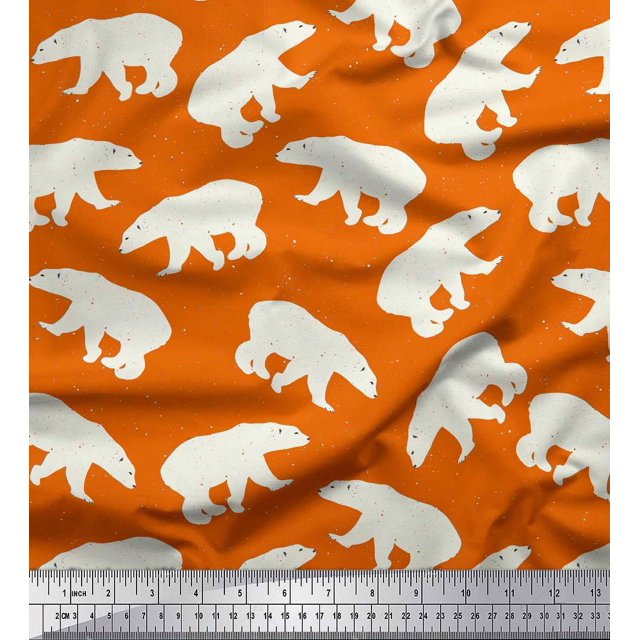 Soimoi Orange Poly Georgette Fabric Polar Bear Animal Decor Fabric Printed Yard 42 Inch Wide