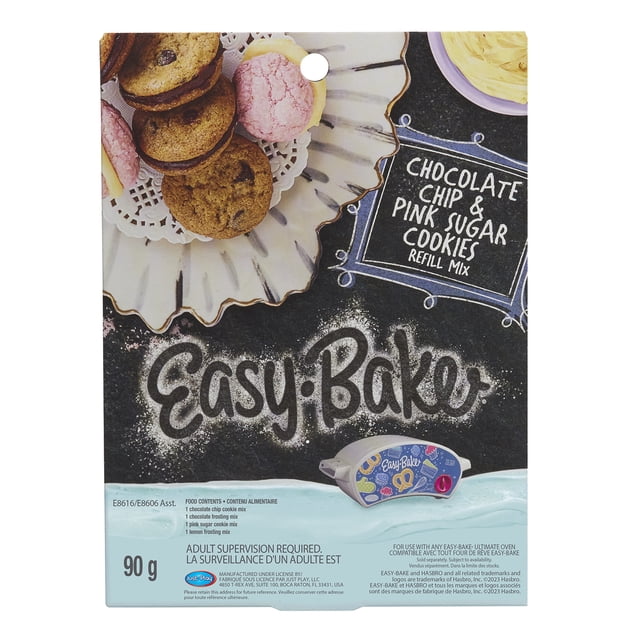 Easy-Bake Ultimate Oven Toy Refill Mix for chocolate chip and pink sugar cookies with frosting, displayed on a decorative plate with cookies and a chalkboard-style background featuring the product name and Easy-Bake logo, 90 g package suitable for pretend play and cooking toys for children ages 8 and up.
