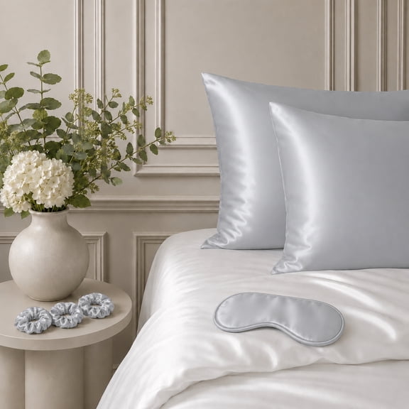 Ensemble Cadeau de 6 Pièces en Satin : Taies D'oreiller, Masque pour les Yeux et Chouchous, Ensemble pour une Sommeil Beauté Swift Home, Argent