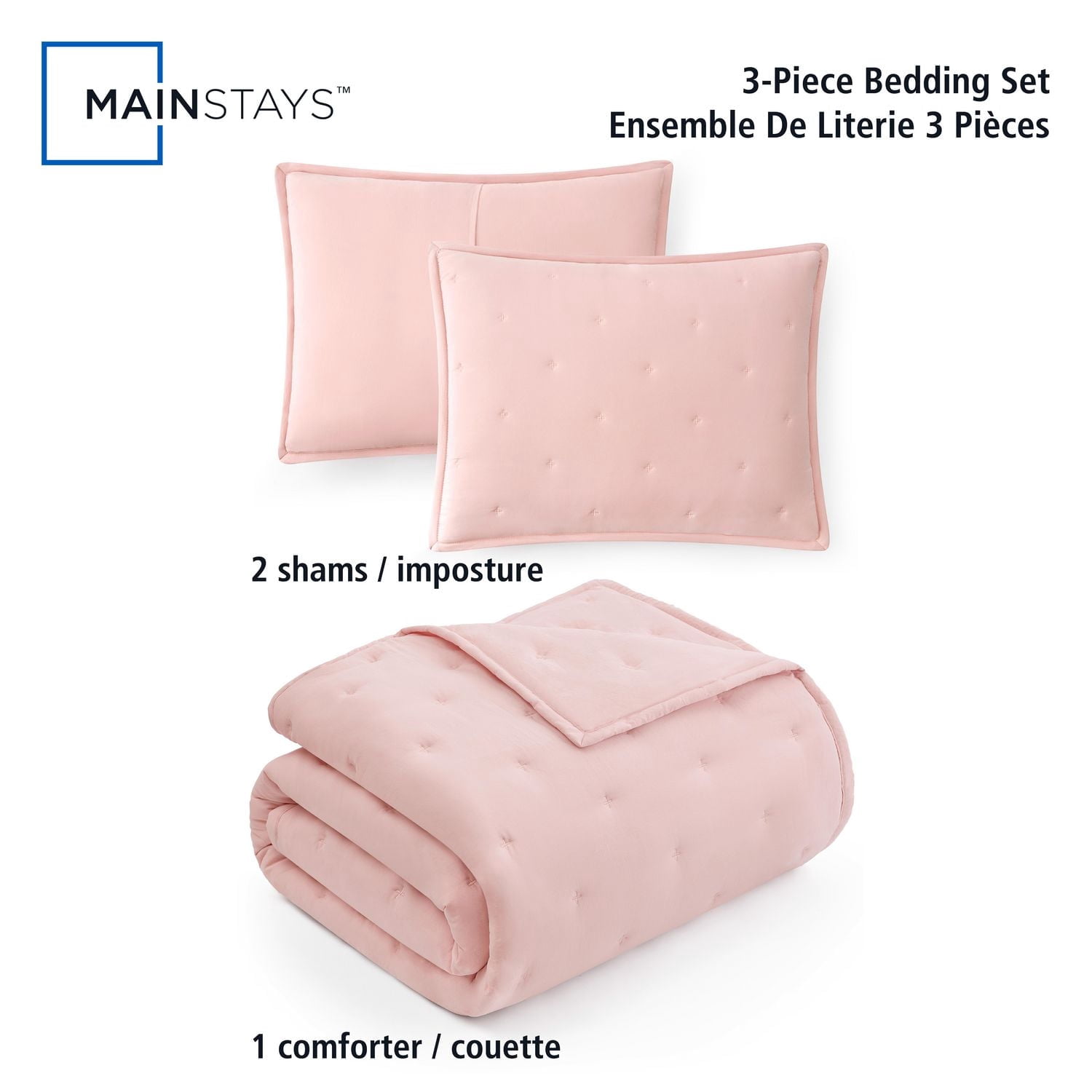 Ensemble de couette Mainstays format Queen, doux, léger et toutes saisons, 3 pièces, rose