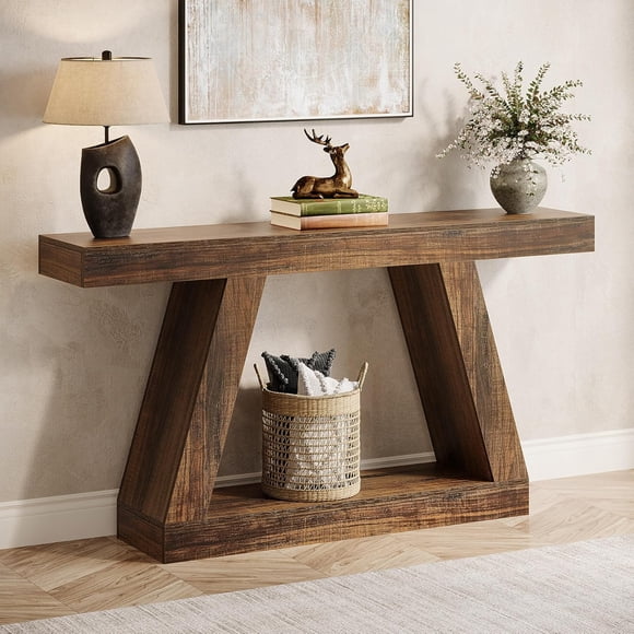 Tribesigns 55" Farmhouse Console Table, Wood Sofa Table with Storage for Hallway, Living Room, Brown