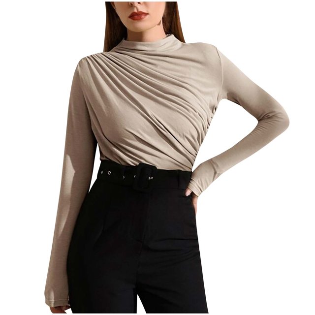Penkiiy Women's Long Sleeve Stretch Slim Fitted Ribbed T-Shirt Blouse Cut Out Solid Basic Tops L Beige