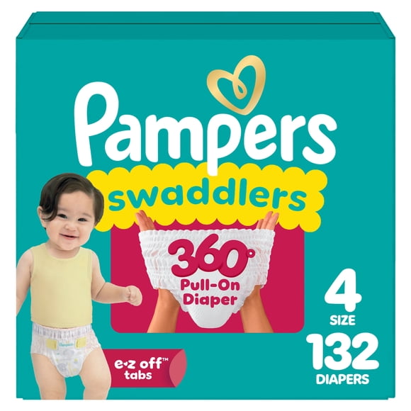 Pampers Diapers - Swaddlers 360° - Size 4, up to 100% Leakproof Comfy Dry Fit, EZ Off Tabs Designed for Easy Changes, Pull On Diaper