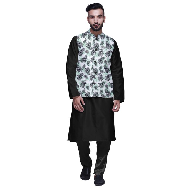 Atasi Mandarin Collar Traditional Solid Kurta Pajama With Printed Jacket Set