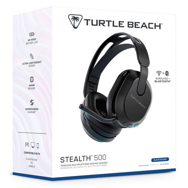 Turtle Beach Stealth 500 wireless gaming headset in black with ultra-light floating headband, memory foam ear cushions, flip-to-mute omni-directional microphone, 40mm drivers, 40-hour battery life, and QuickSwitch for Bluetooth and wireless connectivity, compatible with PlayStation, PC, and mobile devices.