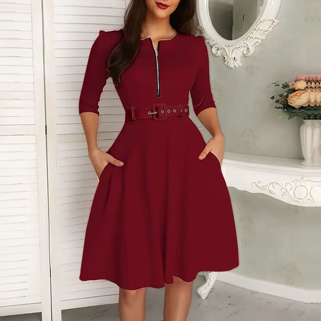 Ovzne Robes d'Été pour Femmes Robe pour Femme Robe d'Été Décontractée pour Femme Couleur Unie Ceinture Fermeture Éclair Robe à Manches Longues Robe pour Femmes à Manches Longues Liquidation