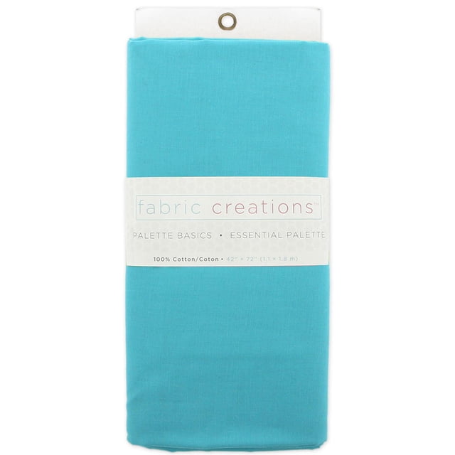 Fabric Creations 100% Cotton Solid Pre-Cut Fabric in turquoise blue, folded with a white label stating 'Palette Basics Essential Palette' and fabric size 42 by 72 inches (1.1 by 1.8 meters), ideal for quilting, sewing, and suitable for various craft projects.