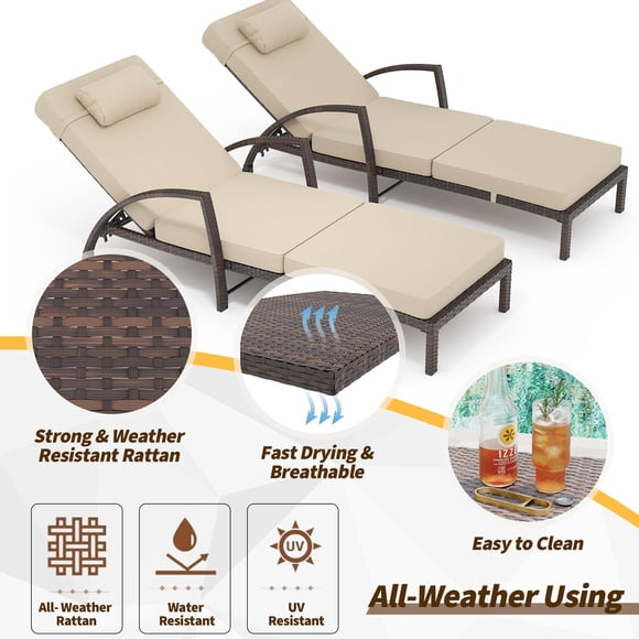 Edtara 2-Pack Patio Rattan Chaise Lounges, Outdoor Reclining Sun Chairs With 5-Position Adjustable Backrest and Built-In Wheels, All-Weather Poolside Loungers (No Table Included)