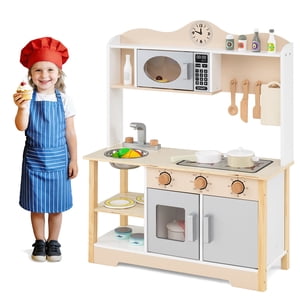 Gymax Cuisine de jeu en bois pour les enfants Jouet de cuisine Playset avec four micro-ondes