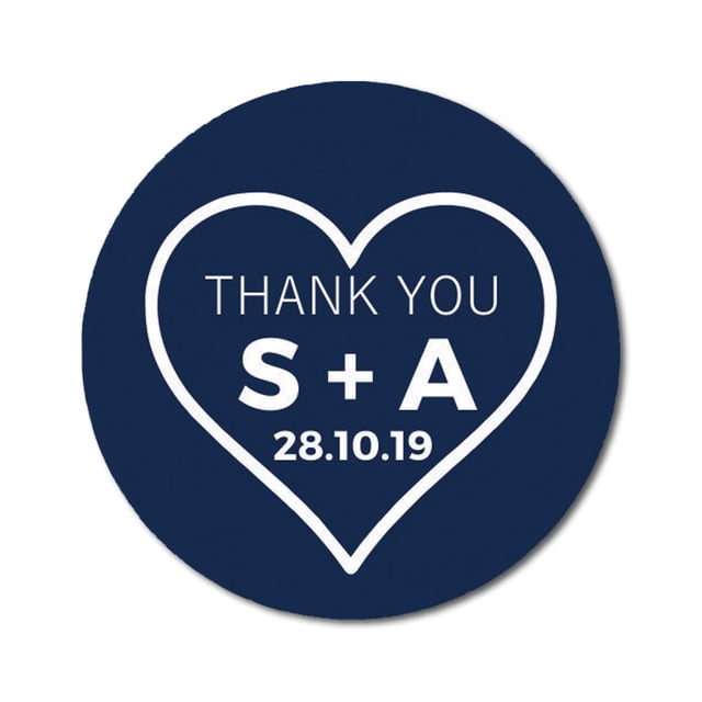 Darling Souvenir Round 45 Pieces Heart Thank You Stickers Personalized Bride Groom Initials And Date Envelope Seals-Navy Blue