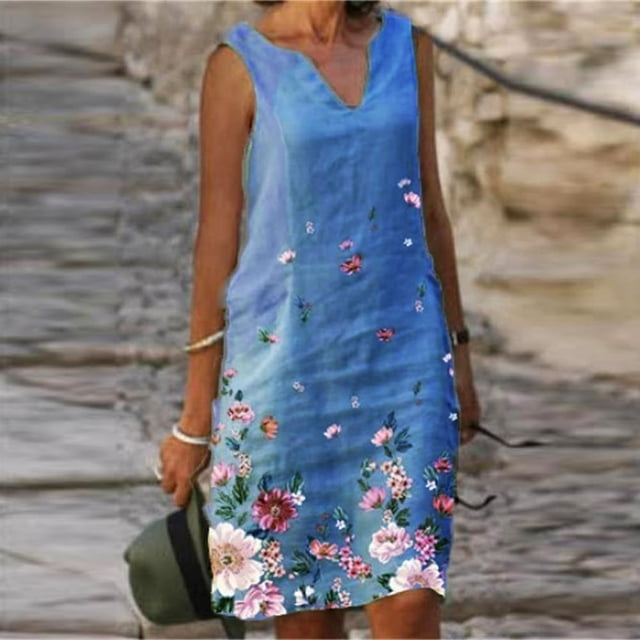 Robe Débardeur Sans Manches à Imprimé Floral Col en V Grande Taille Décontractée en Lin pour Femmes