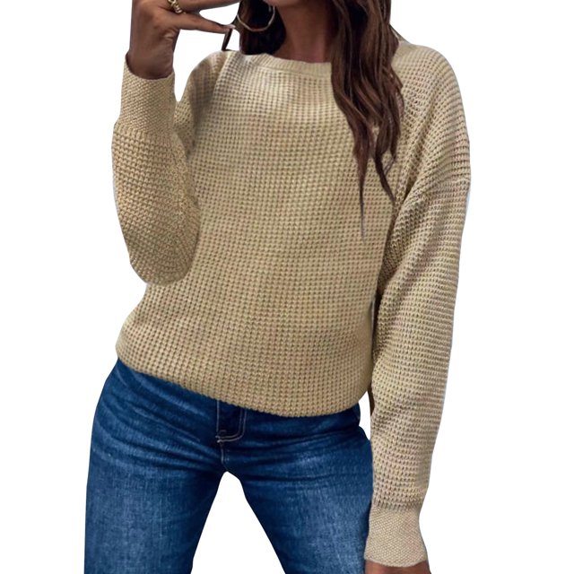 LUXUR Chandails Tricotés Unis pour Femmes Col Rond Ample Pull Chaud d'Hiver Tricot Gaufré Kaki S
