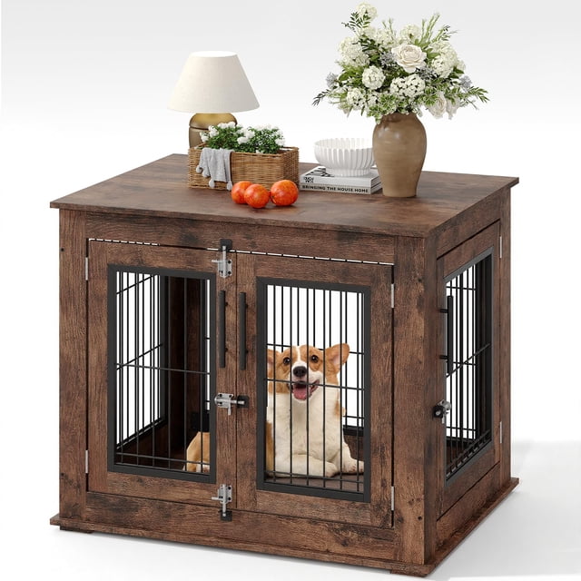 Meuble de Niche pour Chien Walmart - Chenil en Bois Robuste 80x60x66 cm - Table d'Appoint Intérieure Brun Rustique - Doubles Portes Résistantes à la Mastication et Verrouillables - Ventilé, Facile à Nettoyer (Taille 6)