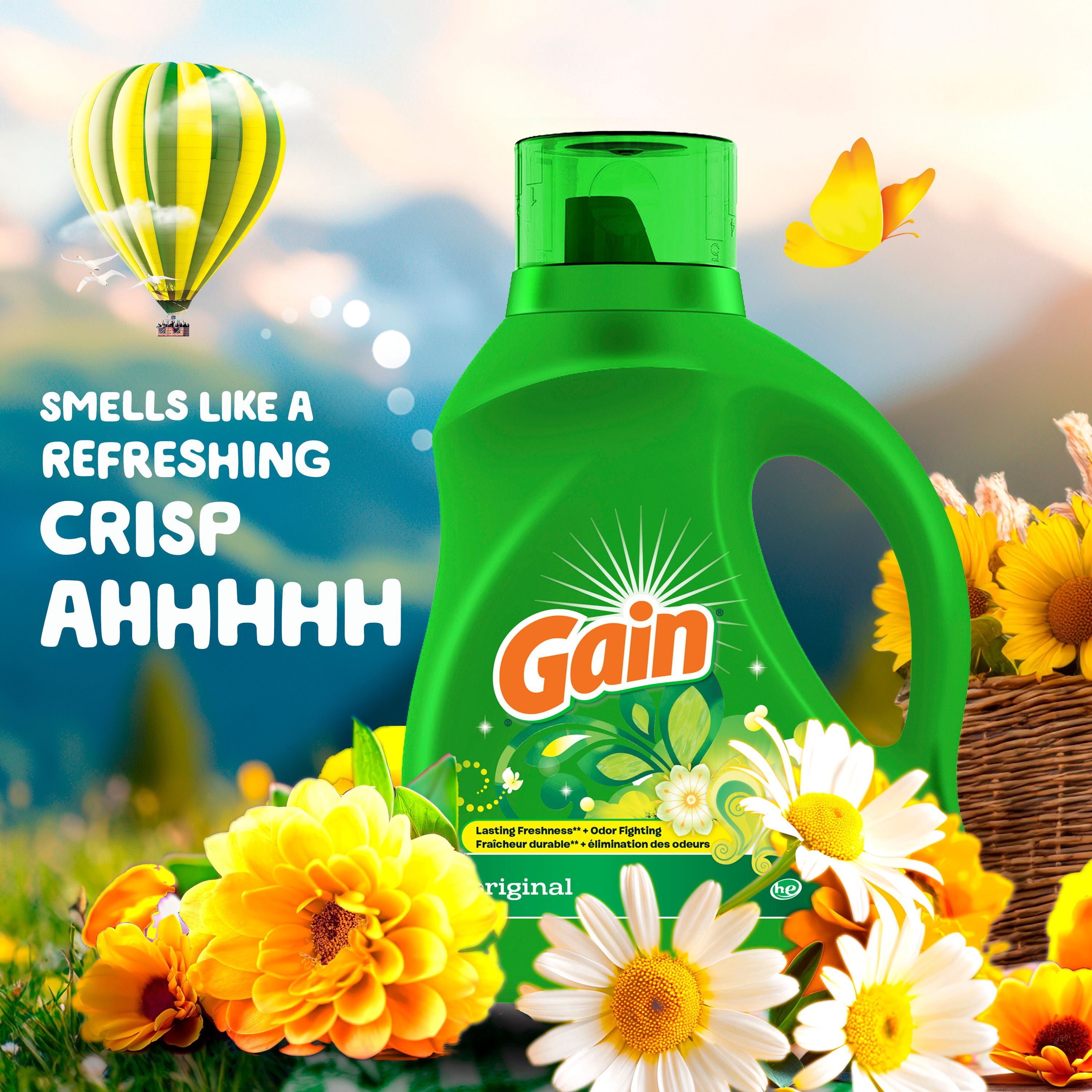 Détergent à lessive liquide Gain, parfum Original, 1,24 L, 32 brassées, fraîcheur + élimination des odeurs, savon nettoyant liquide haute efficacité pour laveuse