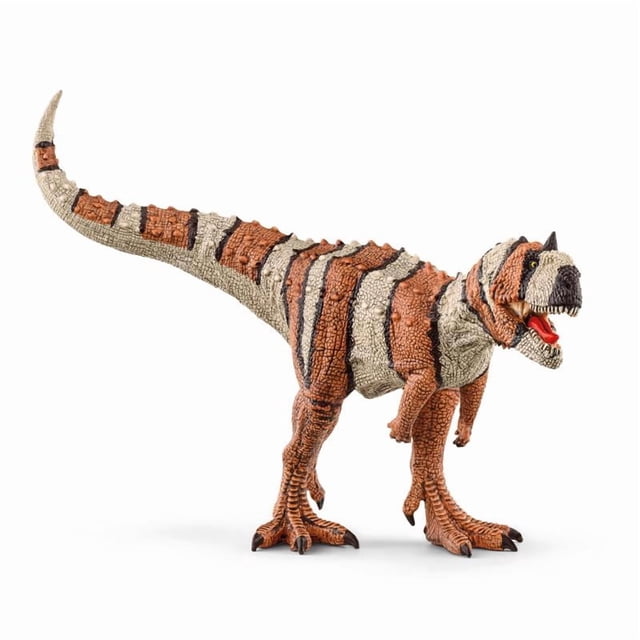 Schleich Majungasaurus Figurine d'Action Dinosaure avec Écailles Texturées orange et beige et Rayures Noires, Posée dans un Profil 3/4 avec une Mâchoire Ouverte et Mobile et des Griffes Détaillées, Debout sur Deux Jambes sur un Fond Blanc, Idéale pour le Jeu Imaginatif de Dinosaures Sans Écran et les collections.