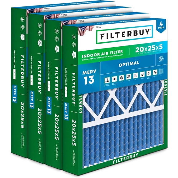 Filterbuy 20x25x5 Filtre à Air MERV 13 Health Defense, Filtres à Air de Remplacement pour Fournaise CVCA (Lot de 4)