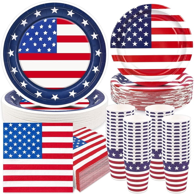 Articles de Fête pour la Fête de l'Indépendance, Ensemble de Vaisselle Patriotique avec Assiettes en Papier, Gobelets, Serviettes, Décorations Jetables Rouges Blanches Bleues pour le 4 Juillet, le Memorial Day, les Pique-Niques en Plein Air