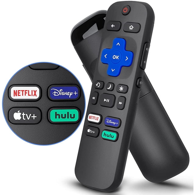 Replacement remote for Roku TCL, Philips, JVC, RCA, Magnavox, Sanyo, LG, Haier Roku TVs, designed for TV accessories. Features shortcut buttons for Netflix, Apple TV+, Disney+, and Hulu. Black ABS plastic design with silicone buttons, powered by two AAA batteries (not included).