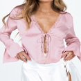 thumbnail image 3 of PENGXIANG Blouses en Satin à Lacets pour Femmes avec Col en V et Manches Longues, 3 of 5