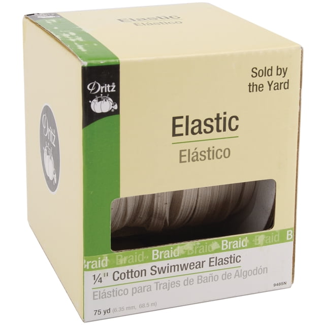 Dritz 1/4" Cotton Swimwear Elastic in natural color, 75 yards long, packaged in a beige and green box with a clear window showing the lightweight, braided elastic inside, suitable for swimwear, waistbands, leg bands, and other stretchable fabric uses.
