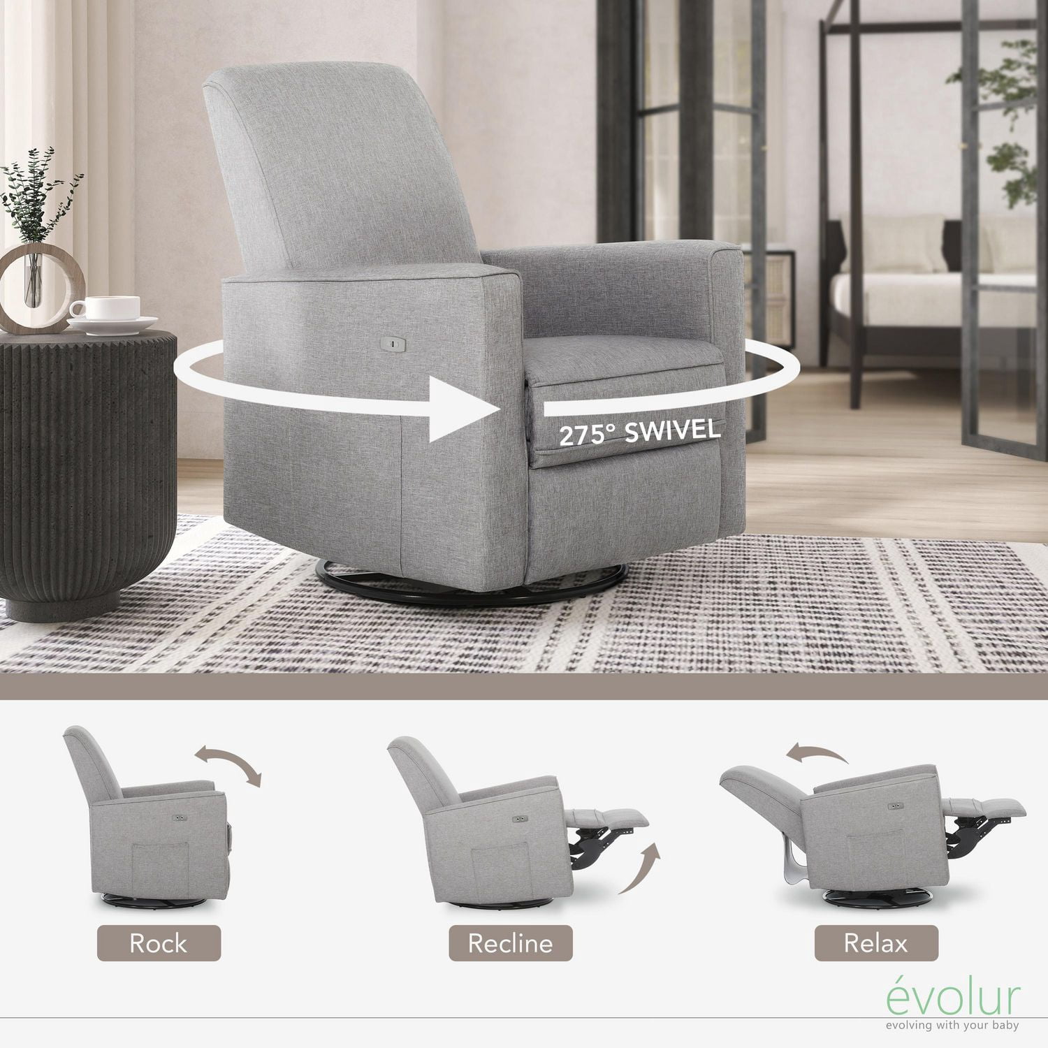 Evolur Harlow Deluxe Glider, Power Recliner, and Rocker With USB Charging Port