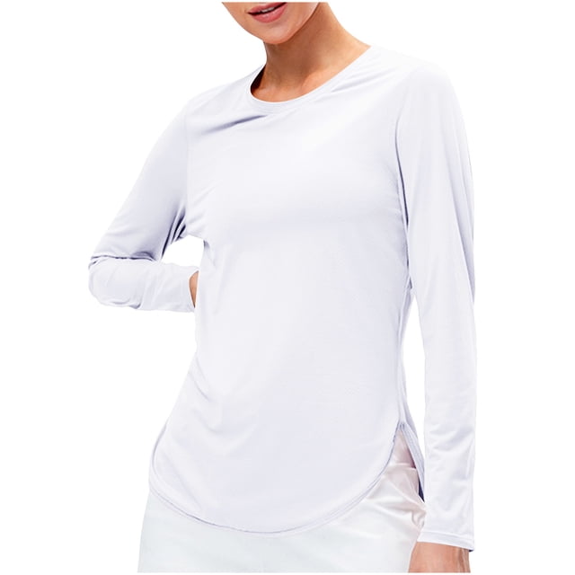 Mceream 2025 Chandails de Soleil à Manches Longues pour Femmes Protection Uv Hauts d'Entraînement Légers Golf Gym Randonnée Chandails Vêtements d'Extérieur Athlétique Col Rond Yoga Hauts Décontractés T-Shirt Uni Vêtements Grande Taille Blanc TG