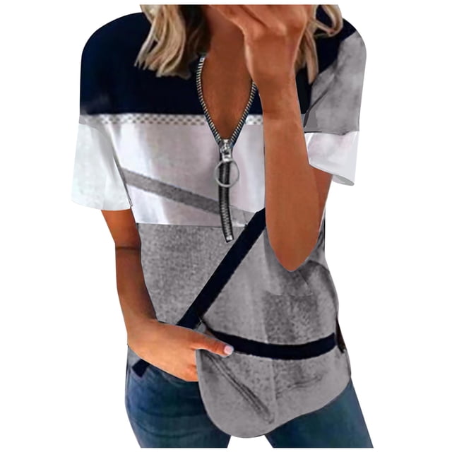 Birdeem Mode Femmes Été Col en V Manches Courtes Imprimé Fermeture Éclair T-Shirt Blouse Décontractée