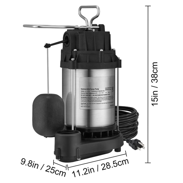 AQUASTRONG 3/4 HP Submersible Sump Pump – 4890 GPH, Stainless Steel & Cast Iron, Automatic Vertical Float Switch, 1.5″ NPT, For Basements