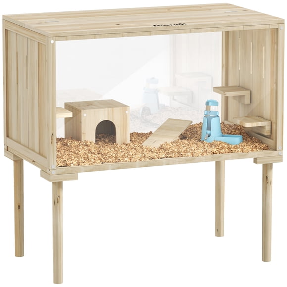 PawHut 28"L Wooden Hamster Cage for Syrian, Dwarf, Gerbil, Nature Wood