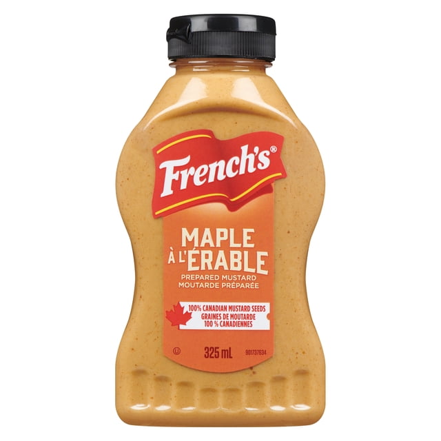 French's Maple Mustard, 325mL smooth prepared mustard bottle with light brown mustard, red label highlighting 100% Canadian mustard seeds and maple syrup, black flip cap, suitable as a condiment for sandwiches, sauces, and dressings.