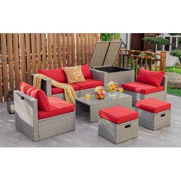 Patiojoy 8 Pieces All-Weather PE Rattan Patio Furniture Set Outdoor Space-Saving Sectional Sofa Set with Storage Box Red