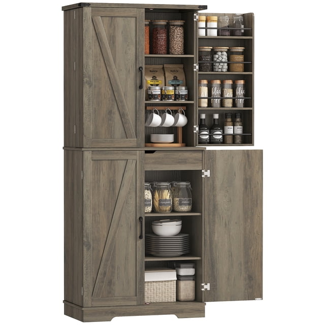 HOMCOM Armoire de Garde-Manger de Cuisine 72 Pouces, Armoire de Rangement de Cuisine Style Ferme, Gris