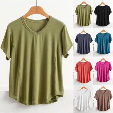 Amzcrzy Womens Tops Plus Size XL-5XL Casual Short Sleeve V Neck Summer Tops Oversized Solid Color Cotton Undershirts Trendy Comfort Pajama Tops