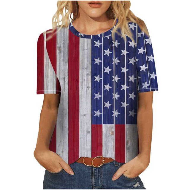 Pompotops Mode Femmes Col Rond Casual Manches Courtes Drapeau Américain Tops T-shirt Chemisier