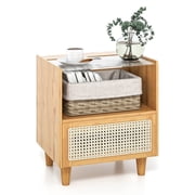 Gymax Bamboo Rattan Nightstand Boho Bedside End Table w/ Drawer & Wood Legs Natural