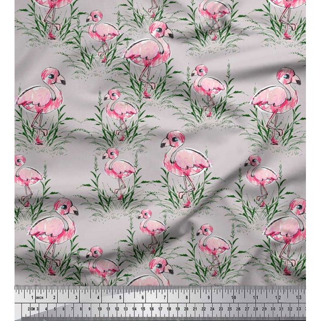 Soimoi Grey polyester Crepe Fabric Grass & Flamingo Bird Print Fabric by Yard 42 Inch Wide