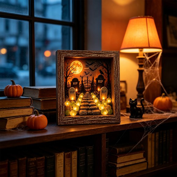 Linnome Sea Glass Night Light with Wooden Frame, LED Holiday Shadow Box Lamp with 3 Interchangeable Themes, Handcrafted Desktop Decor and Christmas Gift for Teens and Craft Enthusiasts