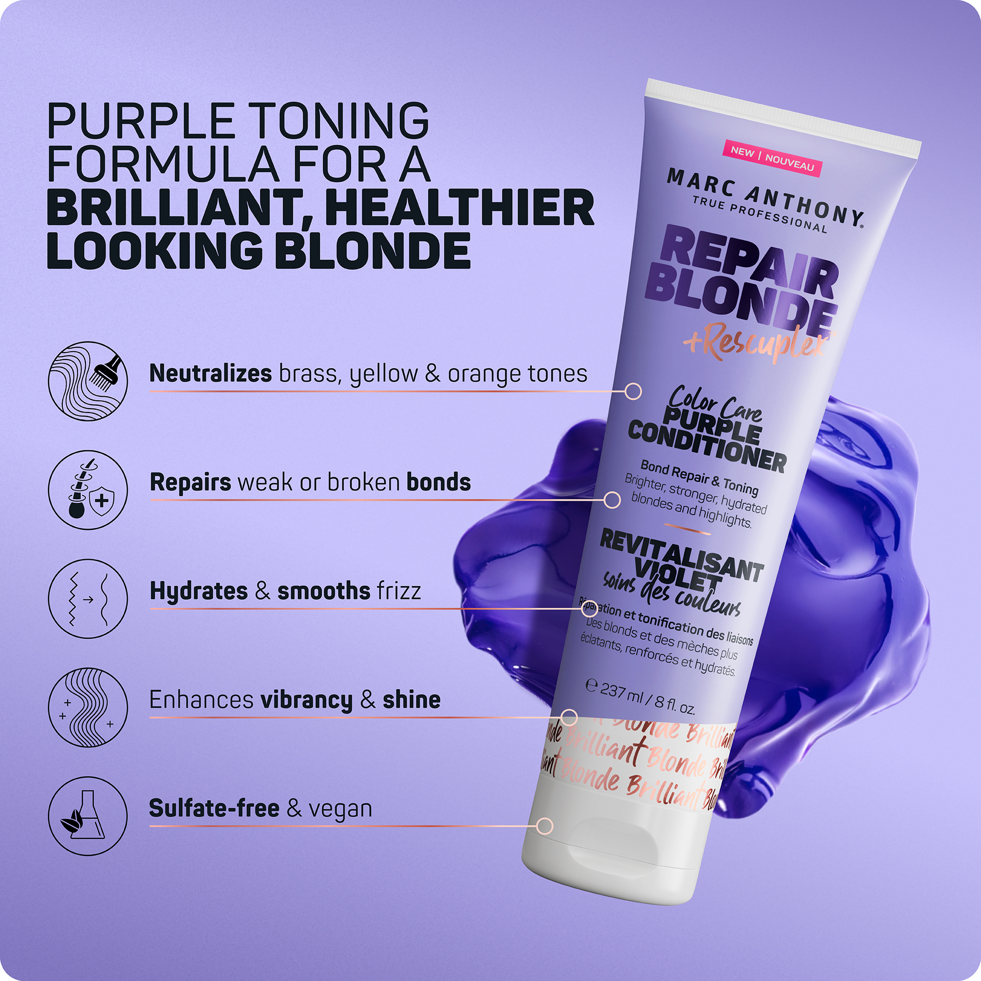 Marc Anthony Revitalisant Violet, Repair Blonde Rescueplex Soins des Couleurs - Neutralise les Tons Cuivrés et Répare les Liaisons