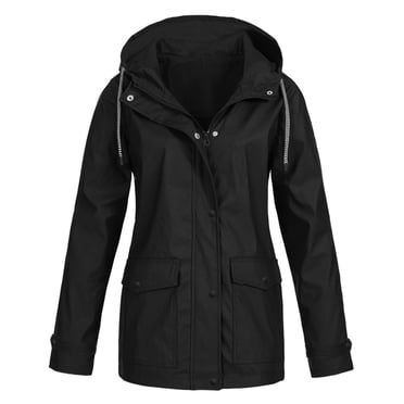 HWRETIE Women's Waterproof Rain Jacket Hooded Windproof Outdoor Raincoat Lightweight Zip Front Coat For Hiking Travel Camping Everyday Wear