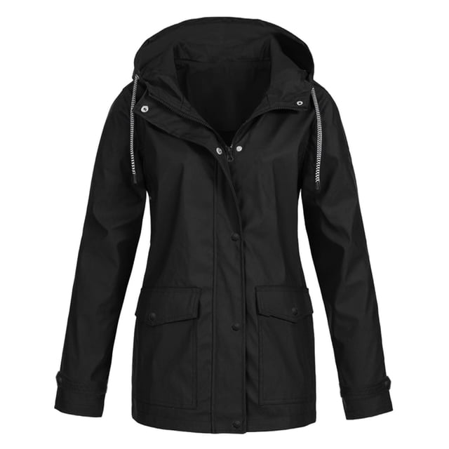 Jackets Women Solid Rain Jacket Outdoor Plus Waterproof Hooded Raincoat Windproof Jackets Solid Outwear Womens Spring Jacket on Clearance. A black, hooded rain jacket with a front zipper and snap-button closure, featuring adjustable drawstrings on the hood, long sleeves with buttoned cuffs, and two front flap pockets. Made from polyester, this lightweight and windproof jacket is suitable for casual daily wear in all seasons.