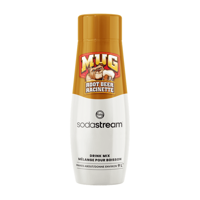SodaStream® Bouteille de Mélange pour Boisson à base de Racinette® avec Capuchon Brun Doré et Étiquette Mettant en Vedette le logo de Racinette® Mug avec un Bouledogue Tenant une Tasse Mousseuse, base de Bouteille Blanche avec logo SodaStream, Contenant du Mélange pour Préparer Environ 9 litres de Boisson Pétillante à base de Racinette Sans Caféine, Convient aux Rafraîchissements Classiques Maison.