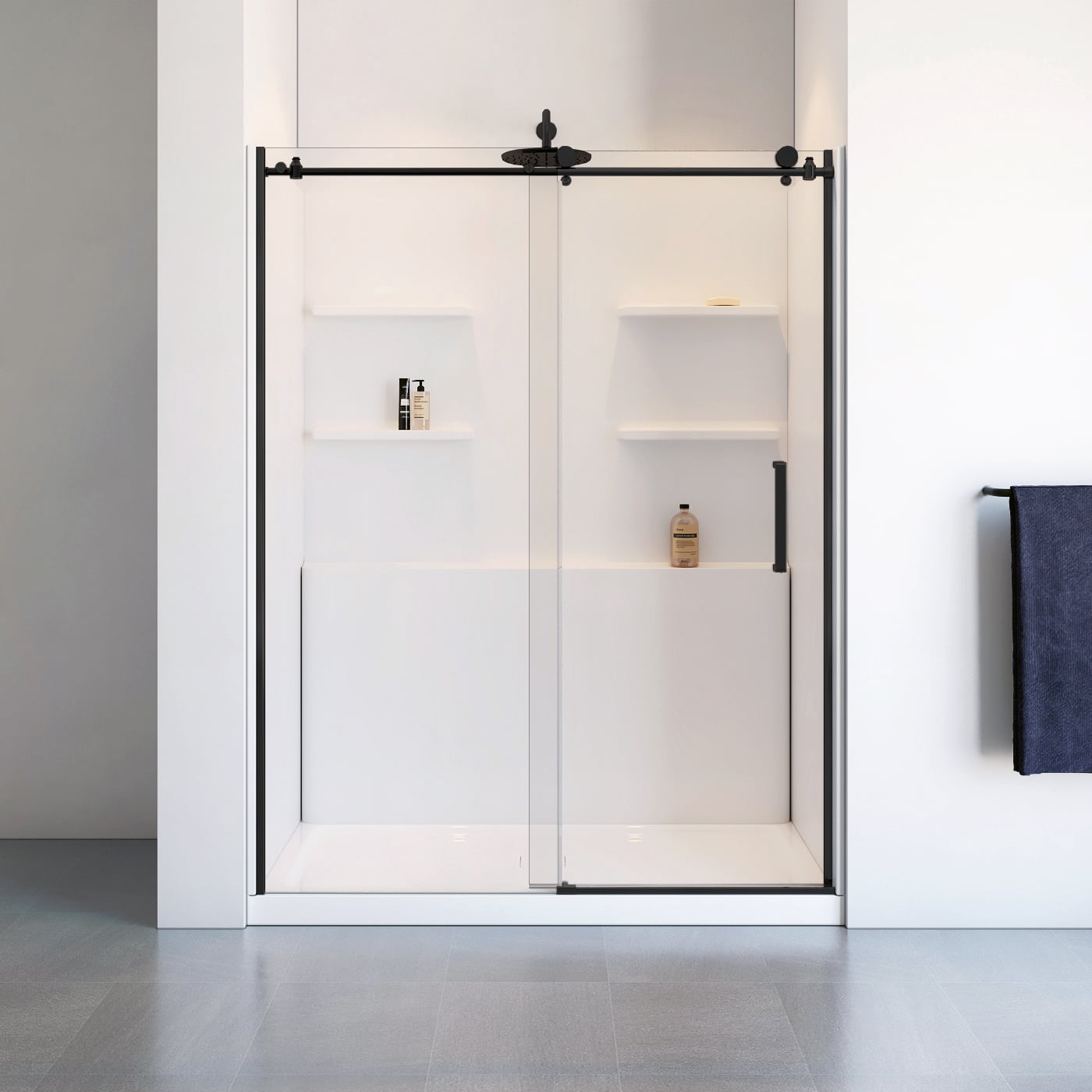 62" x 32" Kit de douche coulissante en alcôve – Verre trempé clair 8 mm, cadre chrome, murs en acrylique avec étagères intégrées & base à drain latéral