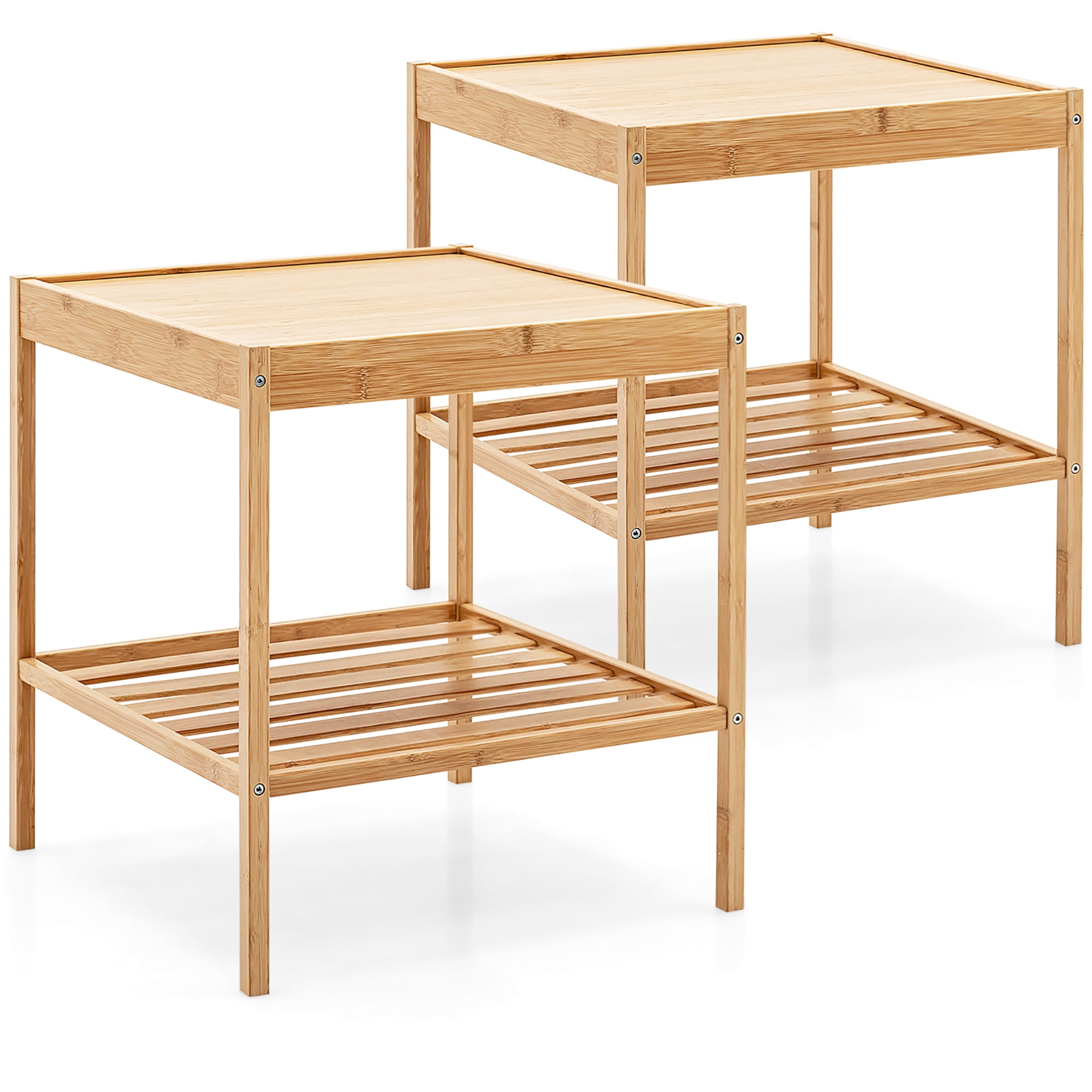 2 PCS 2-Tier Bedside End Table Bamboo Nightstand for Living Room Bedroom