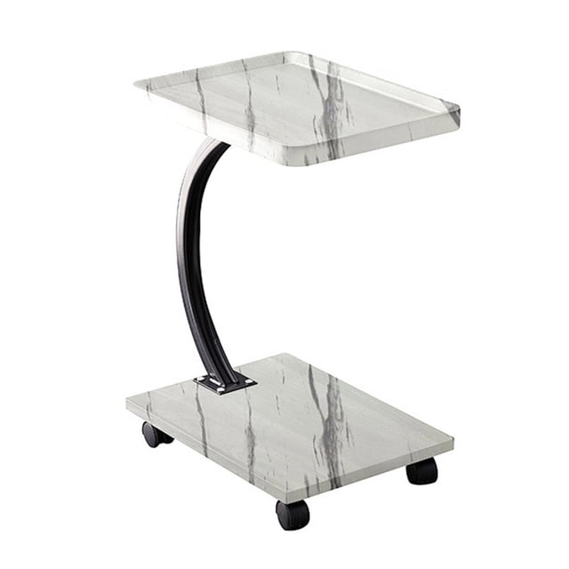 Rolling C Shaped Laptop Desk 2 Tier with Wheels, Space Saving Mobile Bedside Table with Lockable Casters, Compact Computer Stand for Sofa Small Spaces, Natural Wood/White/Walnut