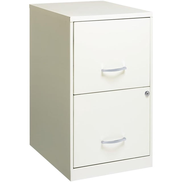 Space Solutions 18in 2 Drawer Metal File Cabinet in pearl white, featuring a compact vertical design with two high-side drawers for letter-size hanging file folders. The cabinet includes a built-in cam lock for securing both drawers, smooth glide suspension for easy operation, and a durable painted steel surface that is non-porous and easy to clean. Ideal for small office or home office use, it fits under most desks and ships fully assembled.