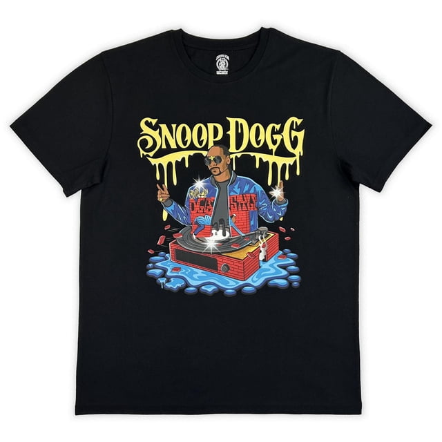 Snoop Dogg Men's Graphic Tee in black featuring a front graphic print of a DJ wearing a blue and red jacket behind a red turntable with water and bricks around it, with yellow dripping Snoop Dogg text above, made of 60% cotton and 40% polyester with crew neckline and short sleeves.