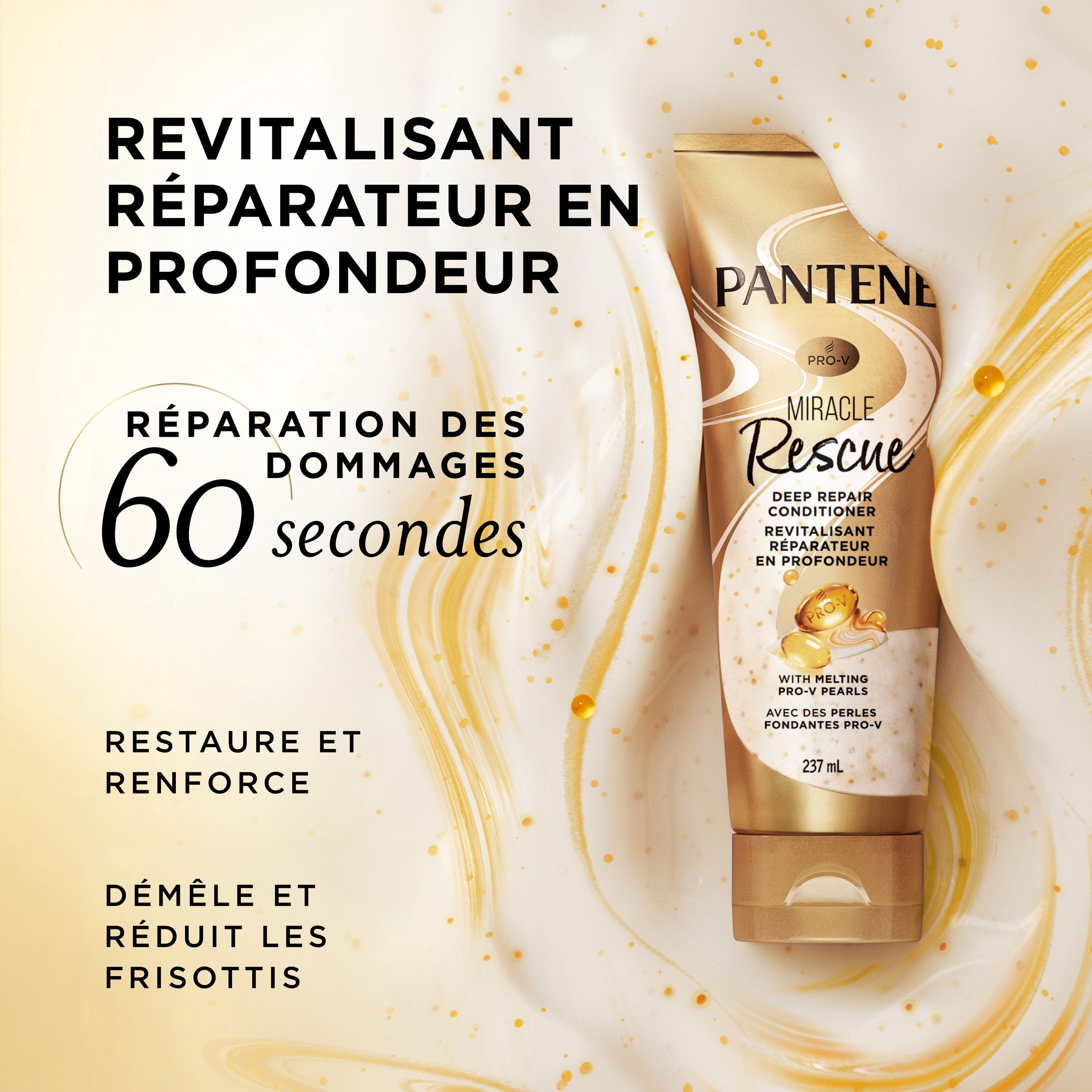 Revitalisant Réparateur enProfondeur Pantene, Masque Capillaire, Perles Fondantes Pro-V, Miracle Rescue, Réparation Des Dommages, Pour Des Cheveux Forts, Brillants et Sains, 237 mL