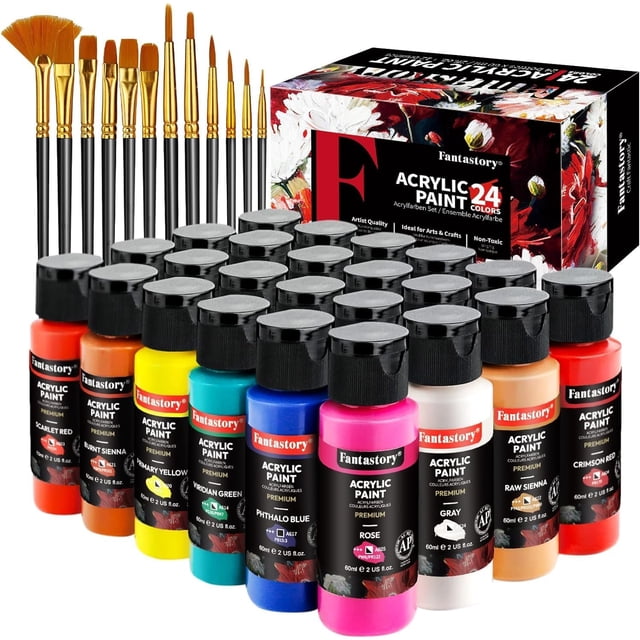 Fantastory Acrylic Paint Set, 24 Colors Professional Craft Paint Kit with 12 Brushes (2 oz). The set includes 24 vibrant 2 oz bottles of acrylic paint in a variety of colors, along with 12 artist brushes for blending and detailing. The paints are quick-drying, non-toxic, and suitable for use on multiple surfaces such as canvas, glass, wood, and fabric. The packaging features a decorative box with floral artwork, making it ideal for gifting. Brushes are displayed above the paint bottles, showcasing a range of brush types.