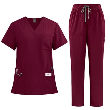 Ktyne Womens Scrubs Sets Red Stretchy Nurse Uniform Short Sleeve V-Neck Scrub & Jogger Pants Solid Color Scrubs Sets with Multi Pockets Wine M
