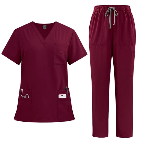 Ktyne Womens Scrubs Sets Red Stretchy Nurse Uniform Short Sleeve V-Neck Scrub & Jogger Pants Solid Color Scrubs Sets with Multi Pockets Wine M